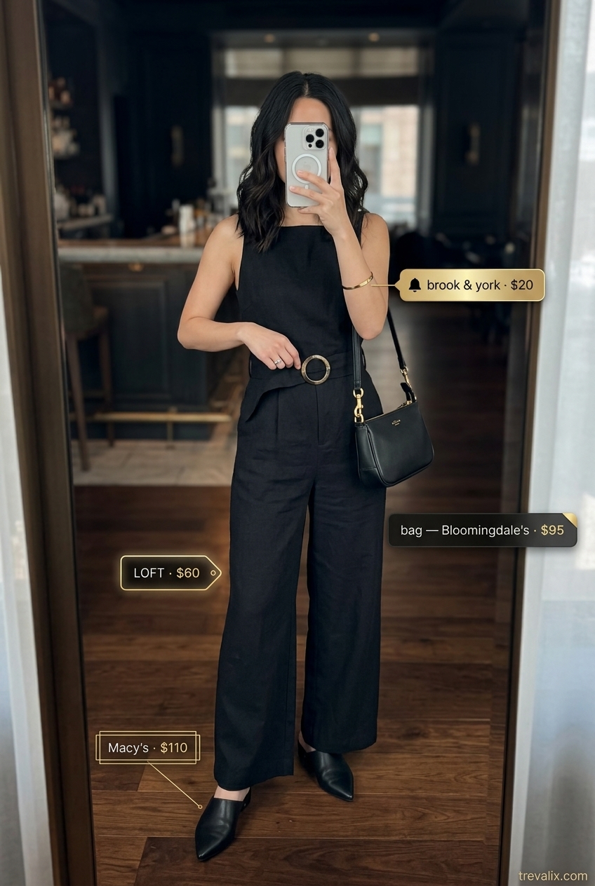 All black summer night outfits 2026: Chic linen wide-leg jumpsuit, pointed mules, leather shoulder bag, and gold cuff for a minimalist dinner look.