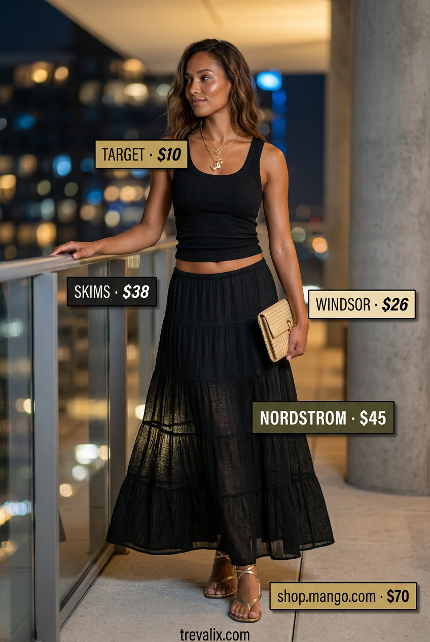 All black summer night outfits 2026: Flowy tiered black maxi skirt, ribbed tank, gold sandals & layered necklaces for a romantic beachside dinner.