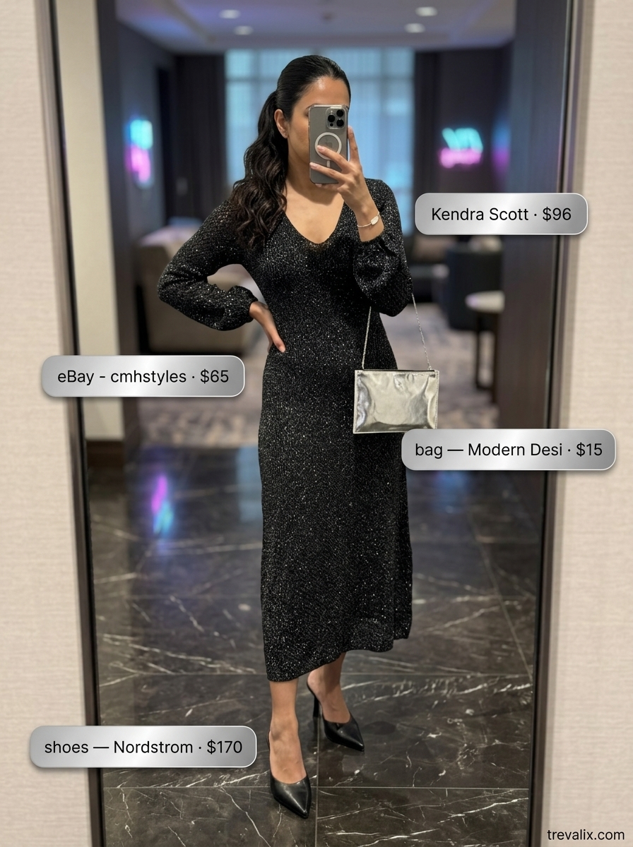 All black summer night outfits 2026: Black midi dress with metallic threads, silver bracelet, clutch, and mules.