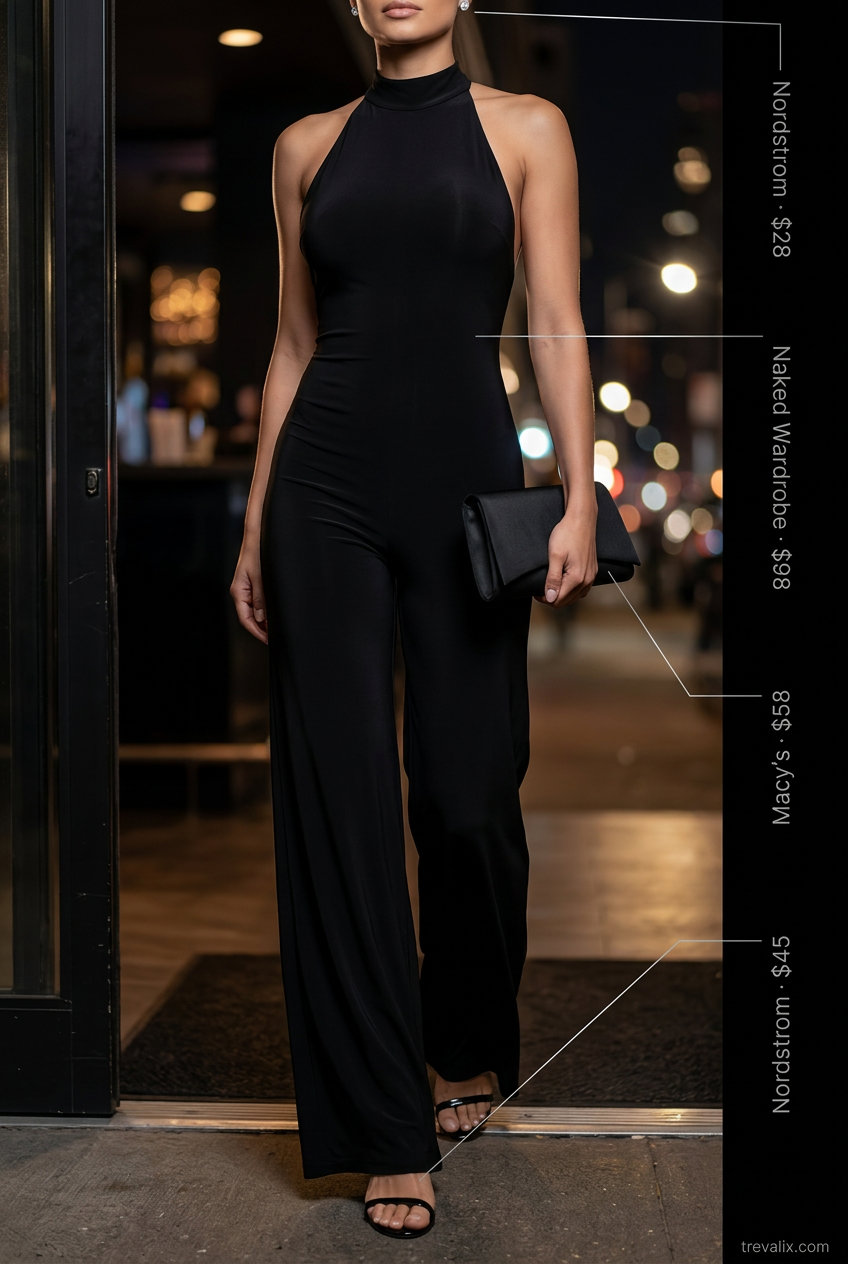 All black summer night outfits 2026: Sophisticated halterneck jumpsuit, strappy heels, clutch, and silver earrings for a modern cocktail party.