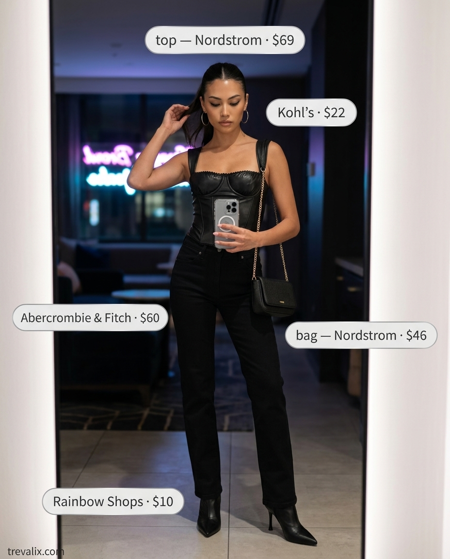 All black summer night outfits 2026: Corset top, denim jeans, ankle boots for a trendy street style.
