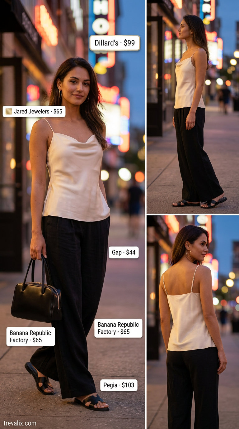 All black summer night outfits 2026: Wide-leg linen trousers, cowl neck top, minimalist slides for chic comfort.