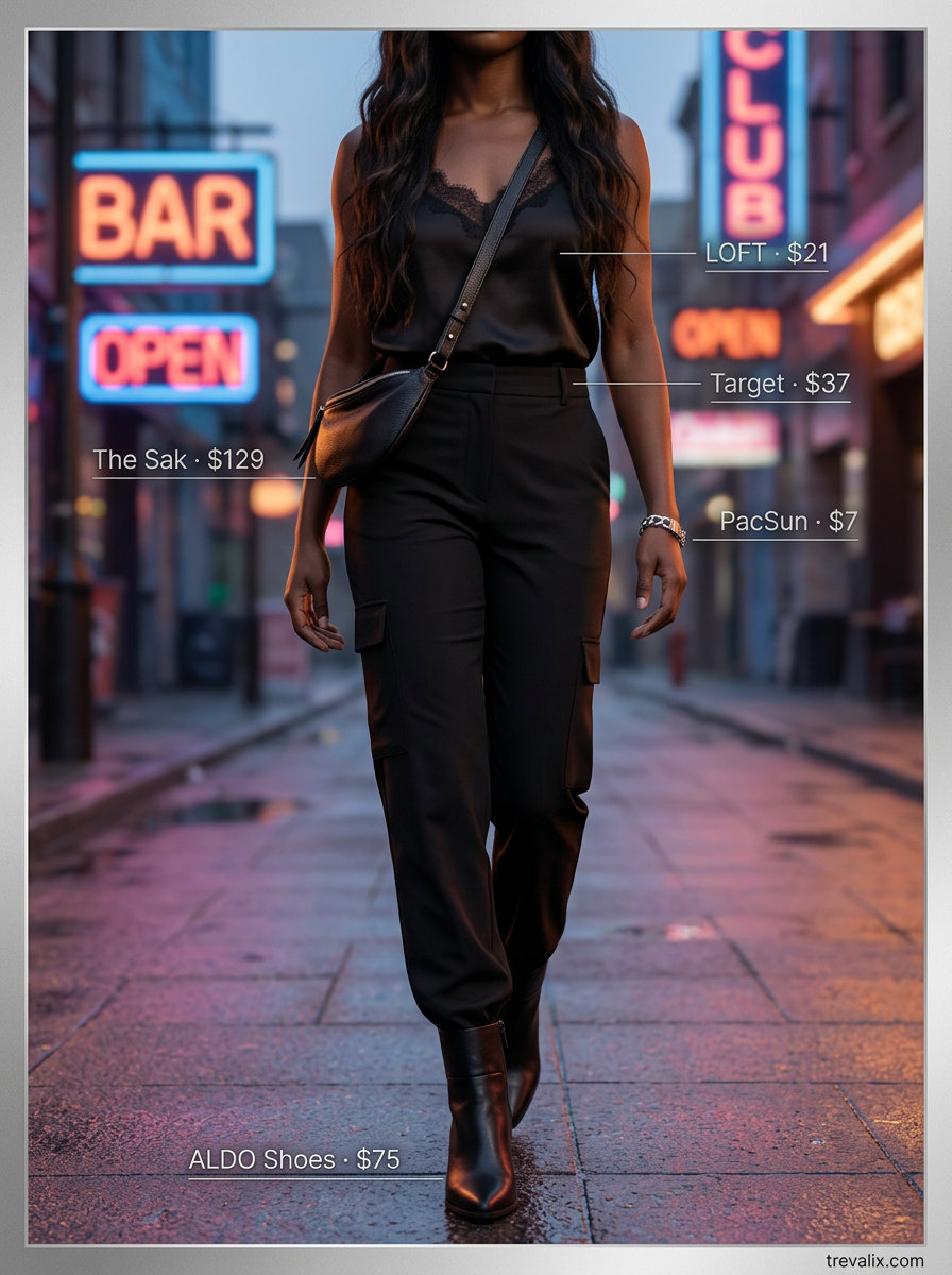 All black summer night outfits 2026: Edgy cargo pants, lace cami, ankle boots for city exploration.