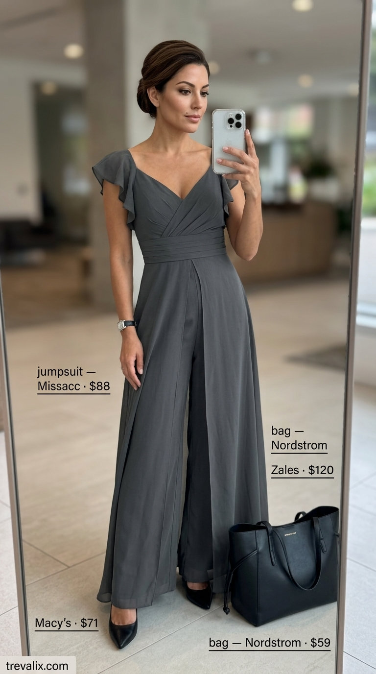 Charcoal grey wide-leg jumpsuit with black heels. Breathable summer business casual outfit for women 2026 alternative.