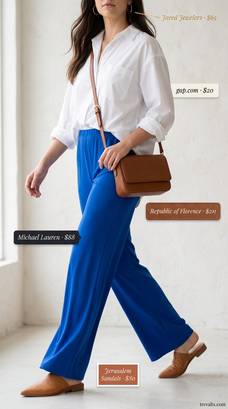 Alternative outfit: Cobalt blue wide-leg trousers, white oversized shirt, tan mules for a chic look.