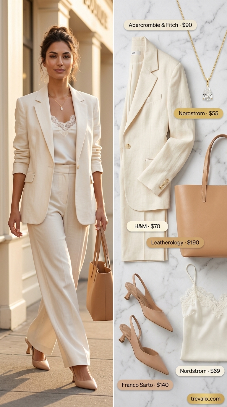 Alternative outfit: Cream linen pantsuit with ivory camisole and nude heels for sophisticated style.