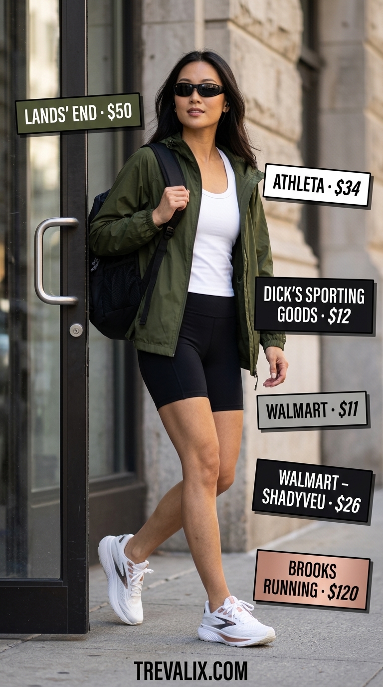 Black biker shorts outfits summer for women 2026: Windbreaker, racerback tank, and trainers for active days.