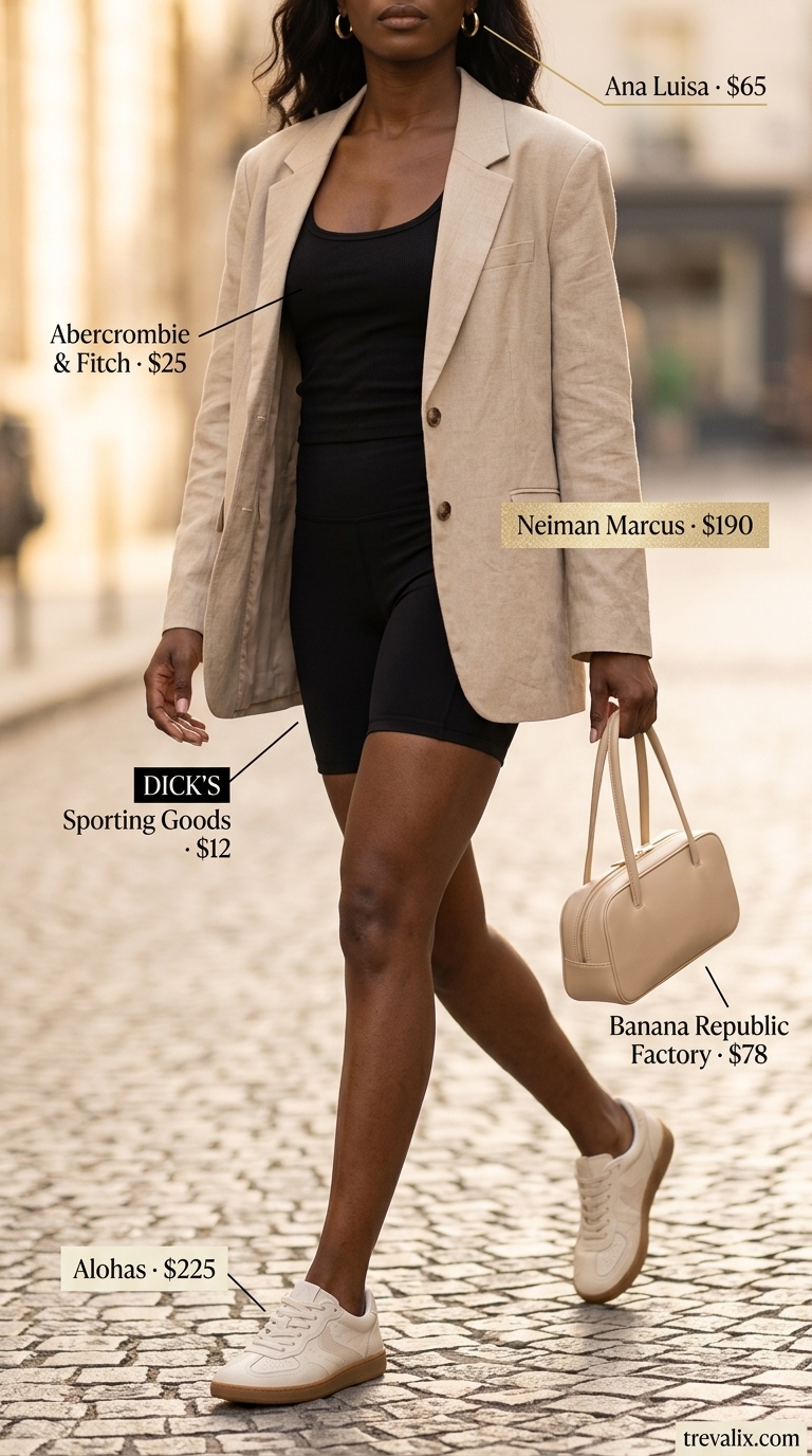 Black biker shorts outfits summer for women 2026: Linen blazer over ribbed tank with cream sneakers & tote.