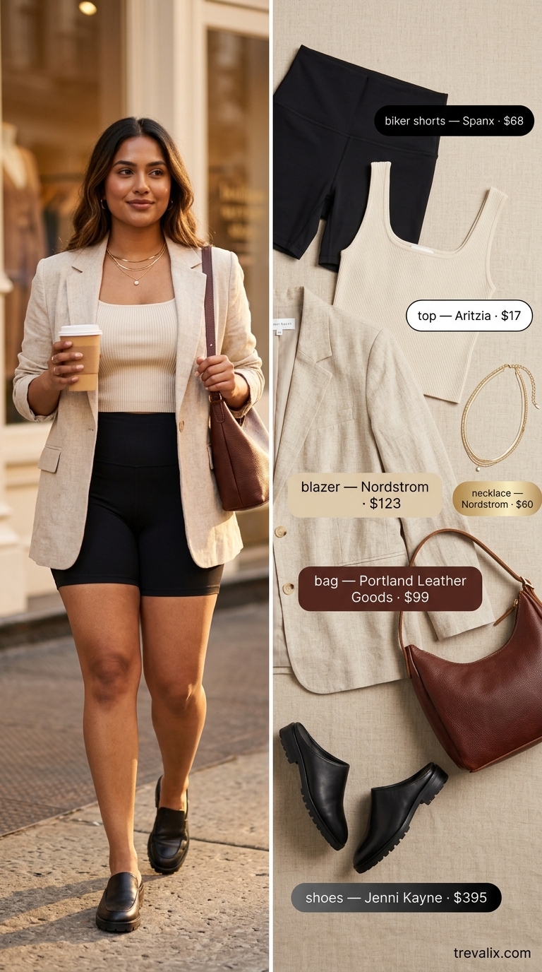 Black biker shorts outfits summer for women 2026: Chic cream blazer, knit tank, and leather mules for athleisure.