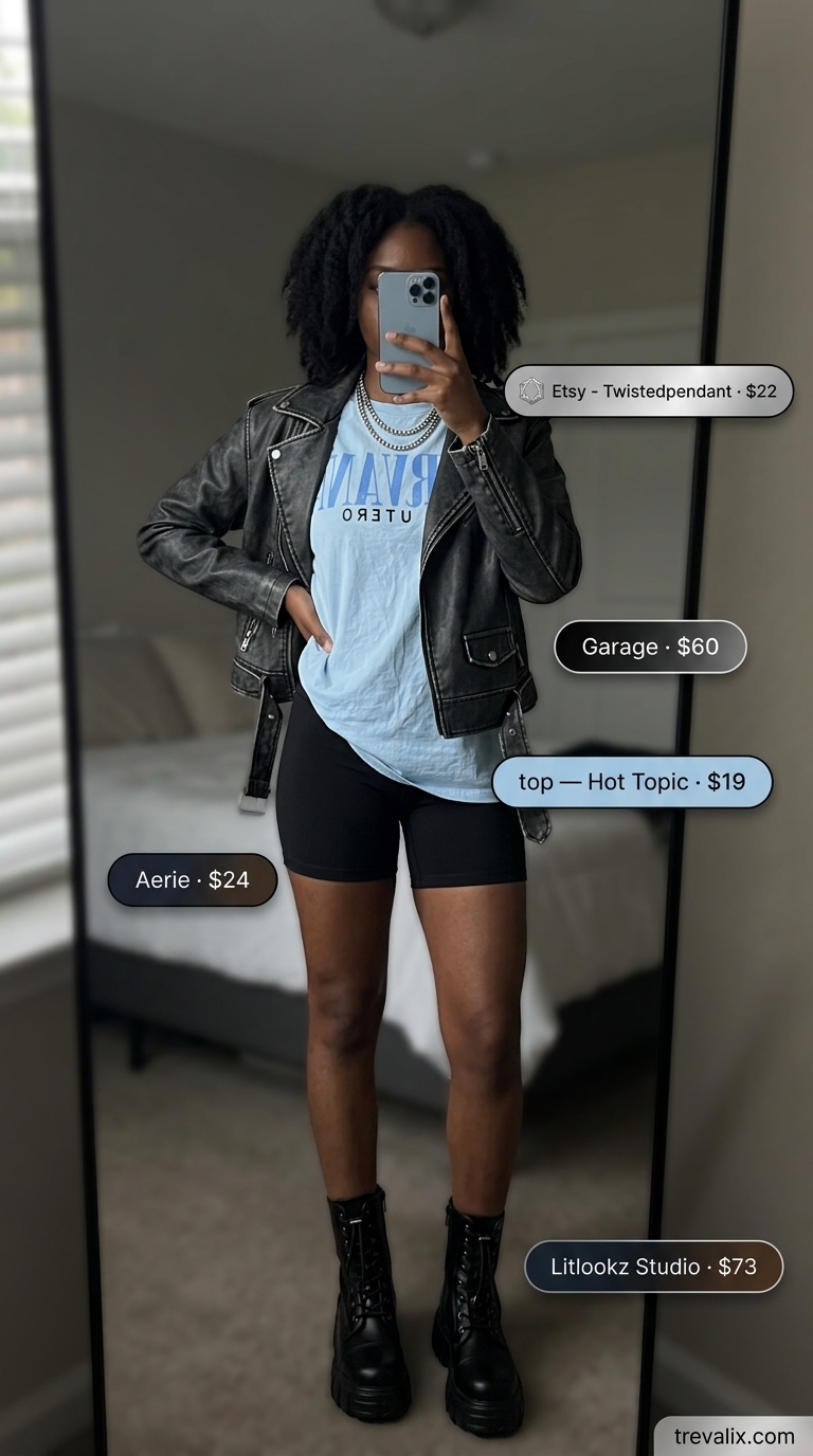 Black biker shorts outfits summer for women 2026: Edgy band tee, moto jacket, combat boots, silver necklace.