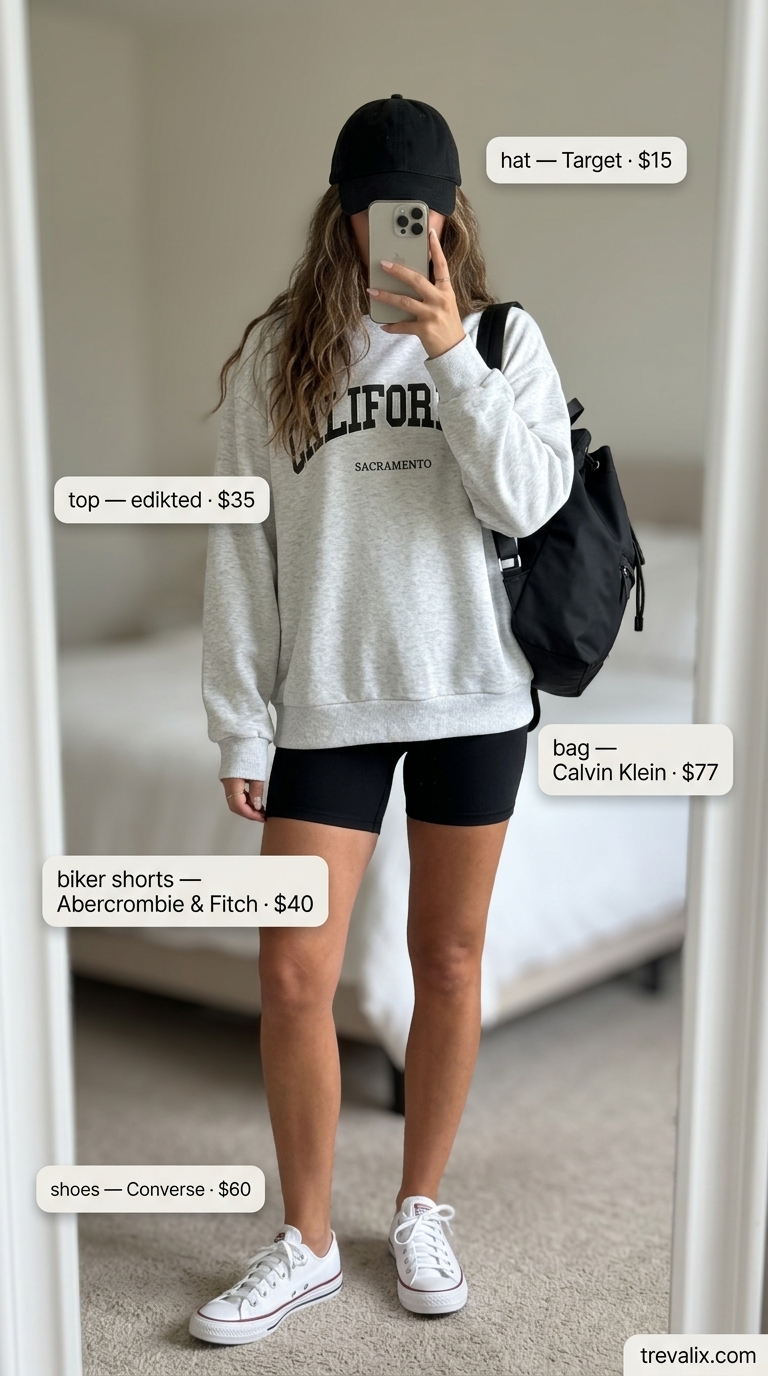 Black biker shorts outfits summer for women 2026: Casual Comfort Core look with grey graphic sweatshirt, black shorts, cap & backpack.
