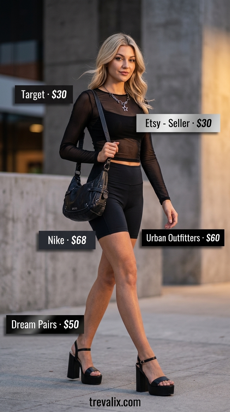 Black biker shorts outfits summer for women 2026: Sheer mesh top, platform sandals, and silver necklace for edgy nights.