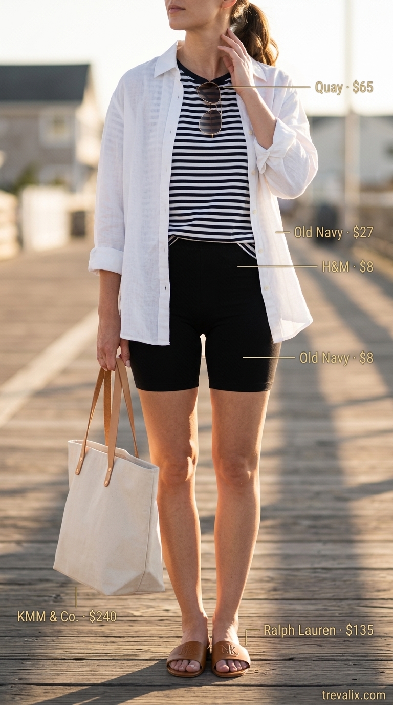 Black biker shorts outfits summer for women 2026: Linen shirt, striped tee, and slides for coastal casual.