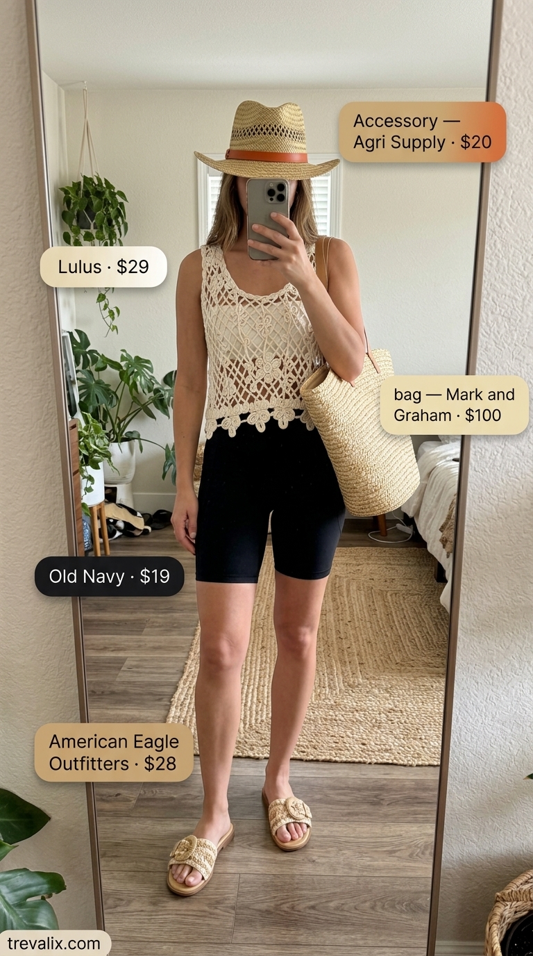 Black biker shorts outfits summer for women 2026: Crochet tank, straw hat & tote with slide sandals.