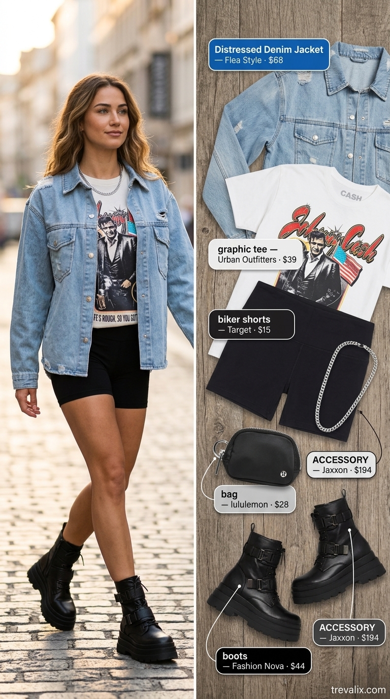 Black biker shorts outfits summer for women 2026: Band tee, denim jacket, combat boots, belt bag.