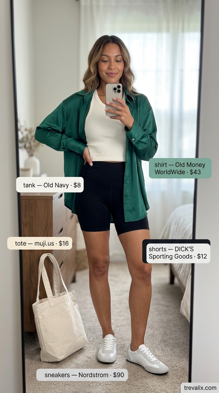 Black biker shorts outfits summer for women 2026: Emerald green shirt, white tank, white sneakers, tote.