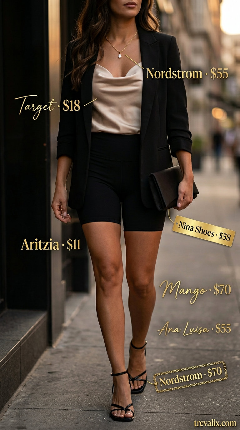 Black biker shorts outfits summer for women 2026: Satin cami, tailored blazer, and heeled sandals for evening polish.