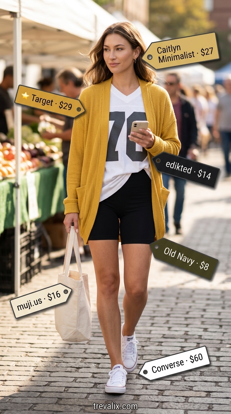 Black biker shorts outfits summer for women 2026: Oversized graphic tee, cardigan, tote bag, sneakers.