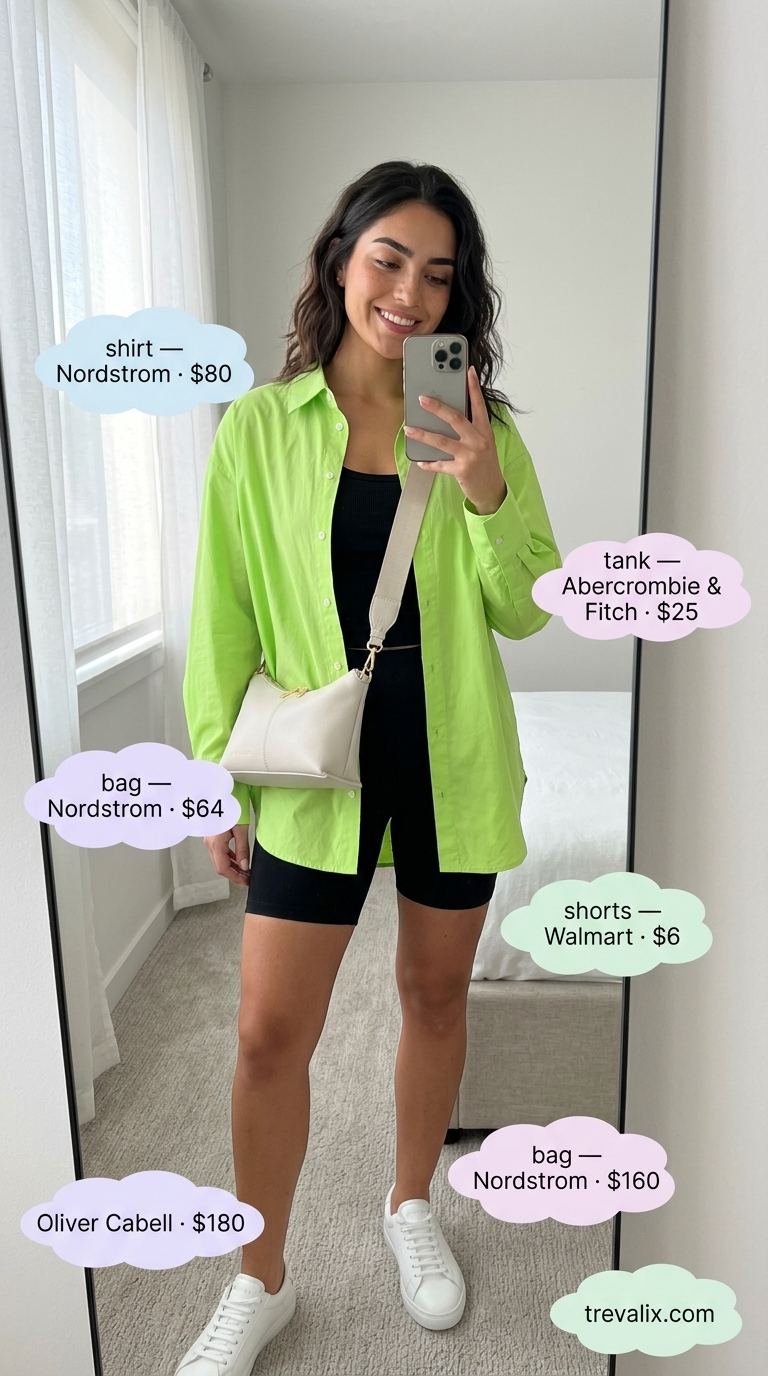Black biker shorts outfits summer for women 2026: Lime green shirt, white tank, white sneakers, crossbody.