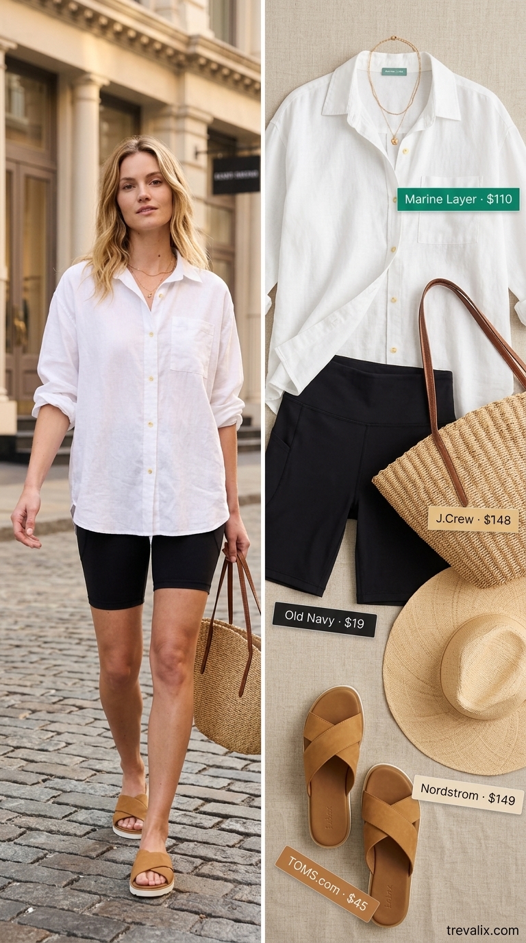 Black biker shorts outfits summer for women 2026: Linen shirt, biker shorts, straw hat, tote, sandals.