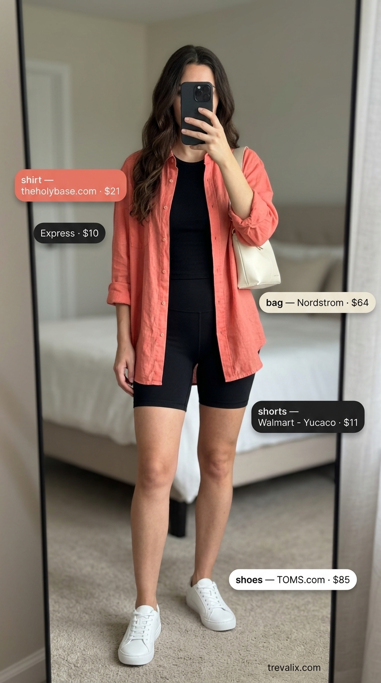 Black biker shorts outfits summer for women 2026: Coral oversized shirt, white sneakers, and crossbody bag.