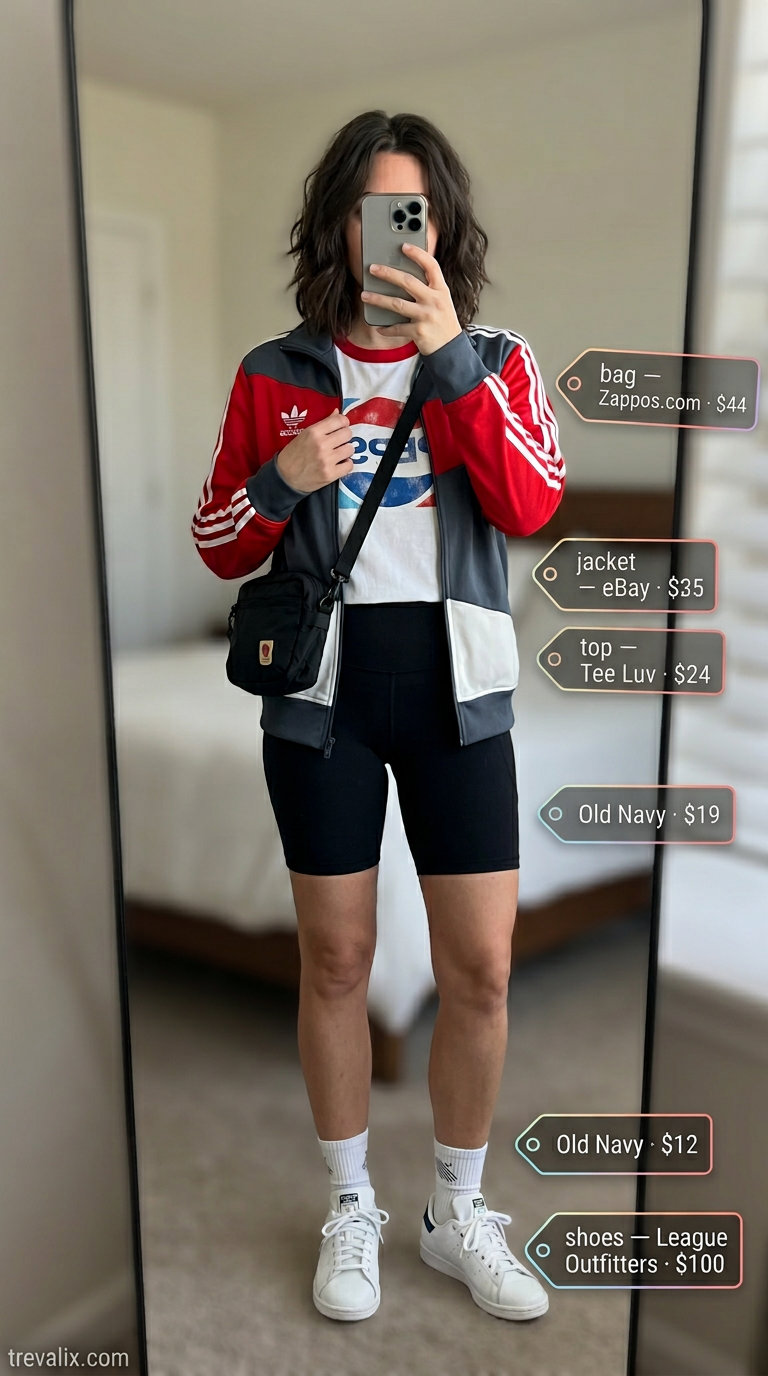 Black biker shorts outfits summer for women 2026: Graphic tee, color-block jacket, and sneakers for a retro vibe.