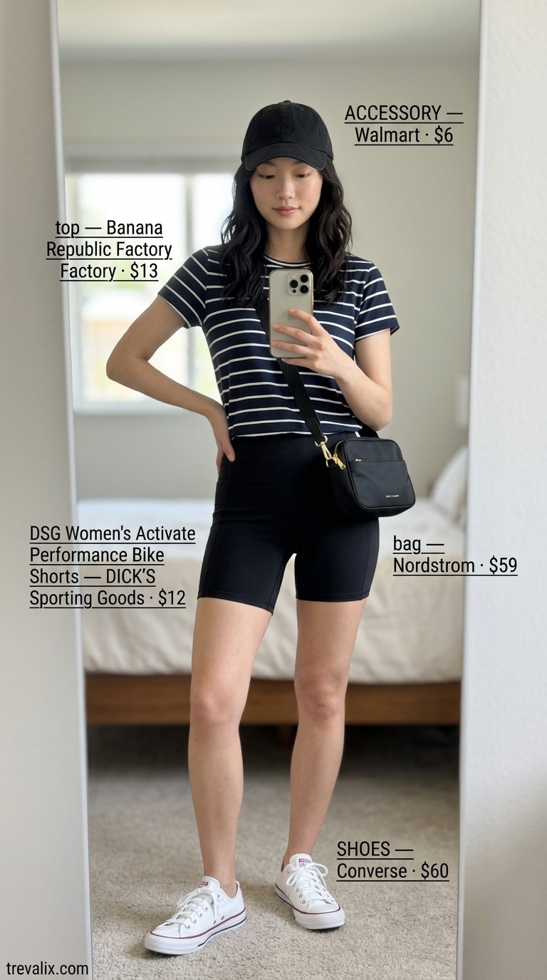Black biker shorts outfits summer for women 2026: Navy striped tee, white sneakers, black biker shorts, crossbody bag.