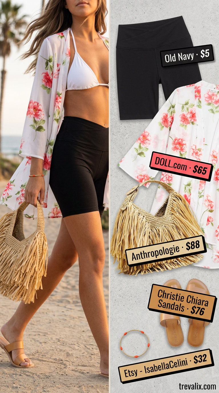 Black biker shorts outfits summer for women 2026: Sheer floral kimono over tank, fringe bag & sandals.