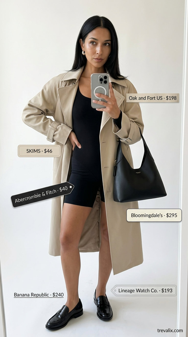 Black biker shorts outfits summer for women 2026: Bodysuit, trench coat, loafers, leather bag for travel.