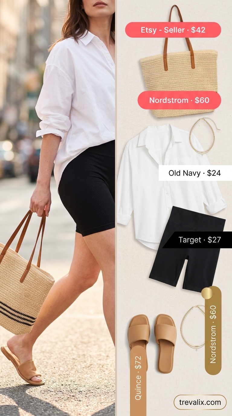 Black biker shorts outfits summer for women 2026: Oversized white button-down with tan slides & straw tote.