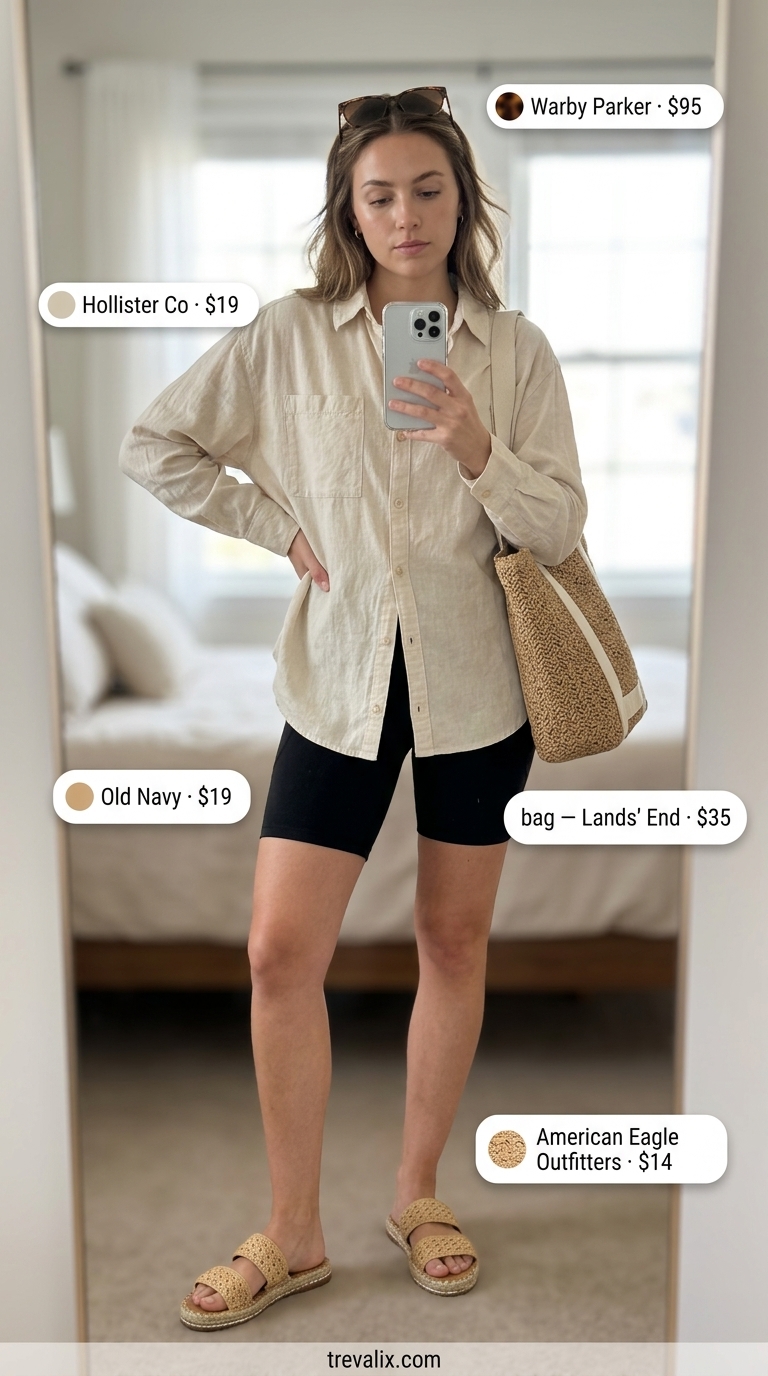 Black biker shorts outfits summer for women 2026: Linen shirt, straw tote, and espadrilles for vacation comfort.