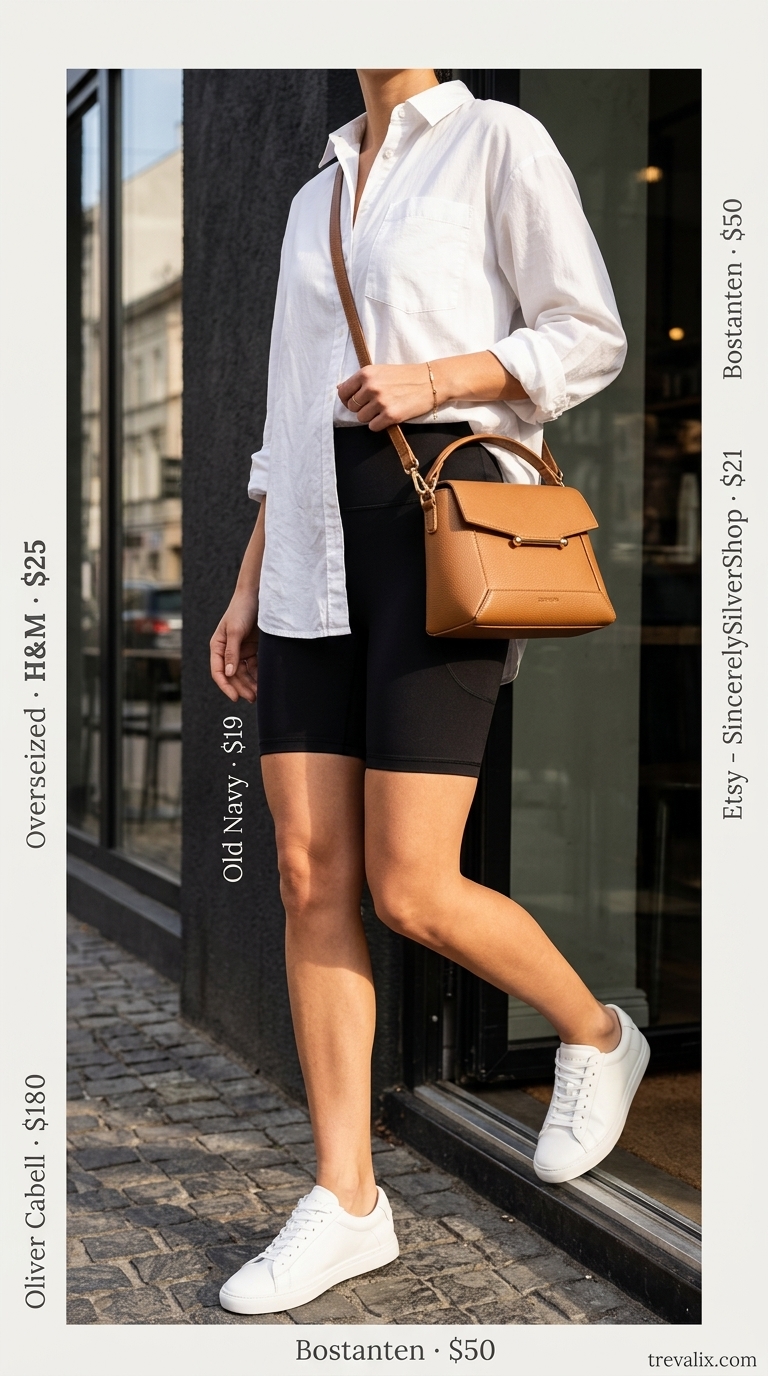 Black biker shorts outfits summer for women 2026: Oversized white shirt, sneakers, crossbody bag, gold bracelet.