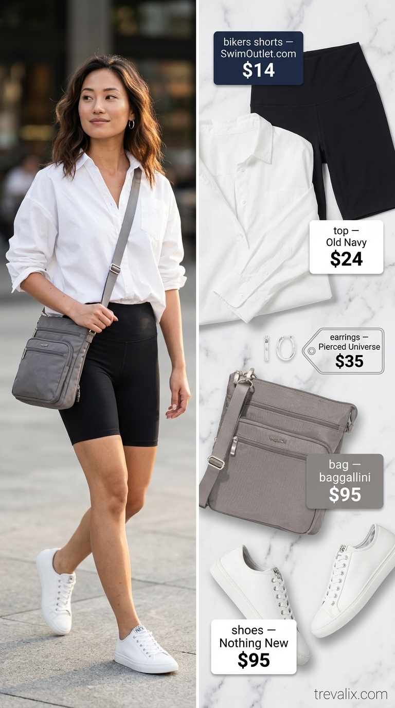 Black biker shorts outfits summer for women 2026: Oversized white shirt, sneakers, crossbody bag.