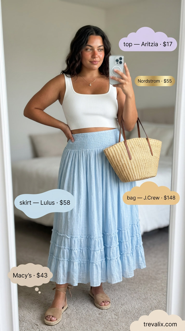 Bold curvy outfit summer for women 2026: Sky blue tiered midi skirt, white tank top, and straw tote for beach vacation.
