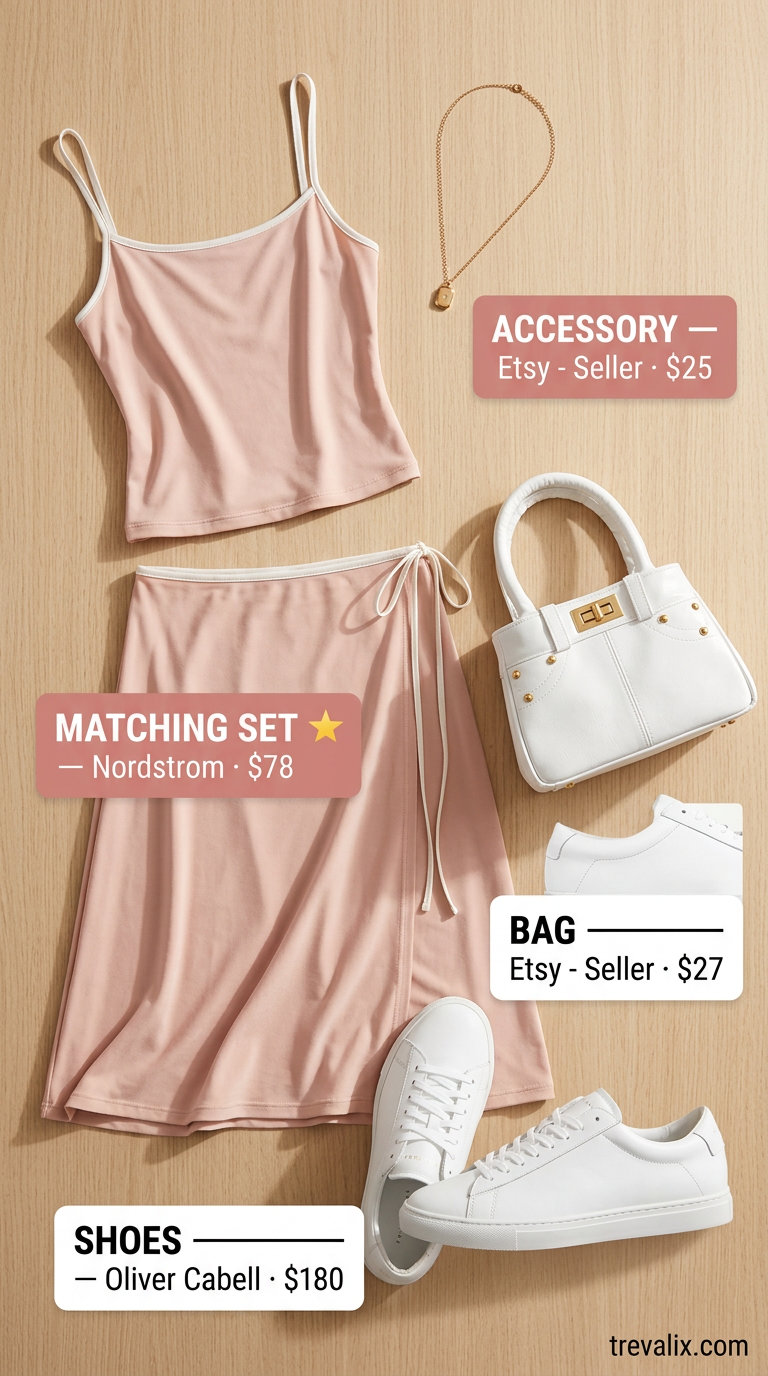 Bold curvy outfit summer for women 2026: Blush pink knit set, white sneakers, gold necklace for a chic day out.