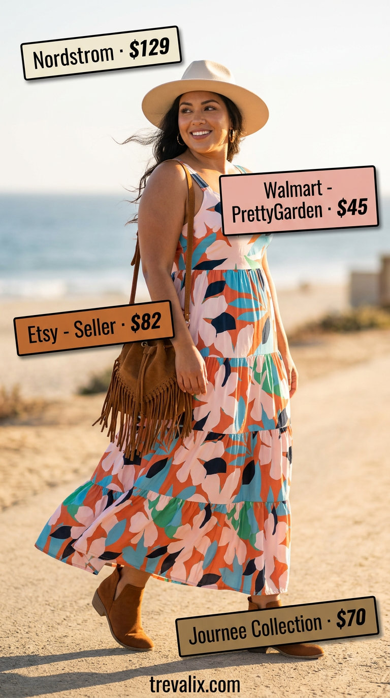 Bold curvy outfit summer for women 2026: Floral maxi dress with suede boots and a fringe bag for a boho vibe.