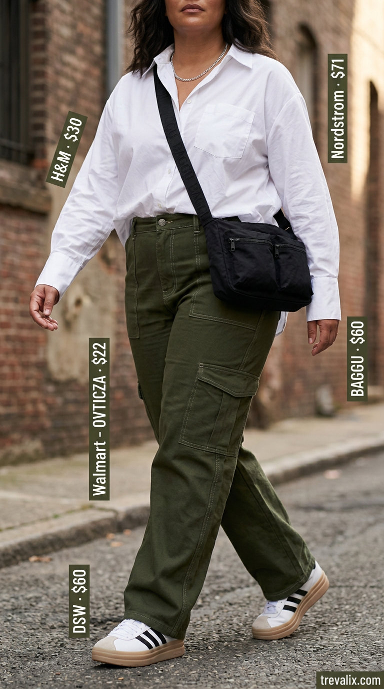 Bold curvy outfit summer for women 2026: Olive green cargo pants, white oversized shirt, and chunky sneakers for city exploration.