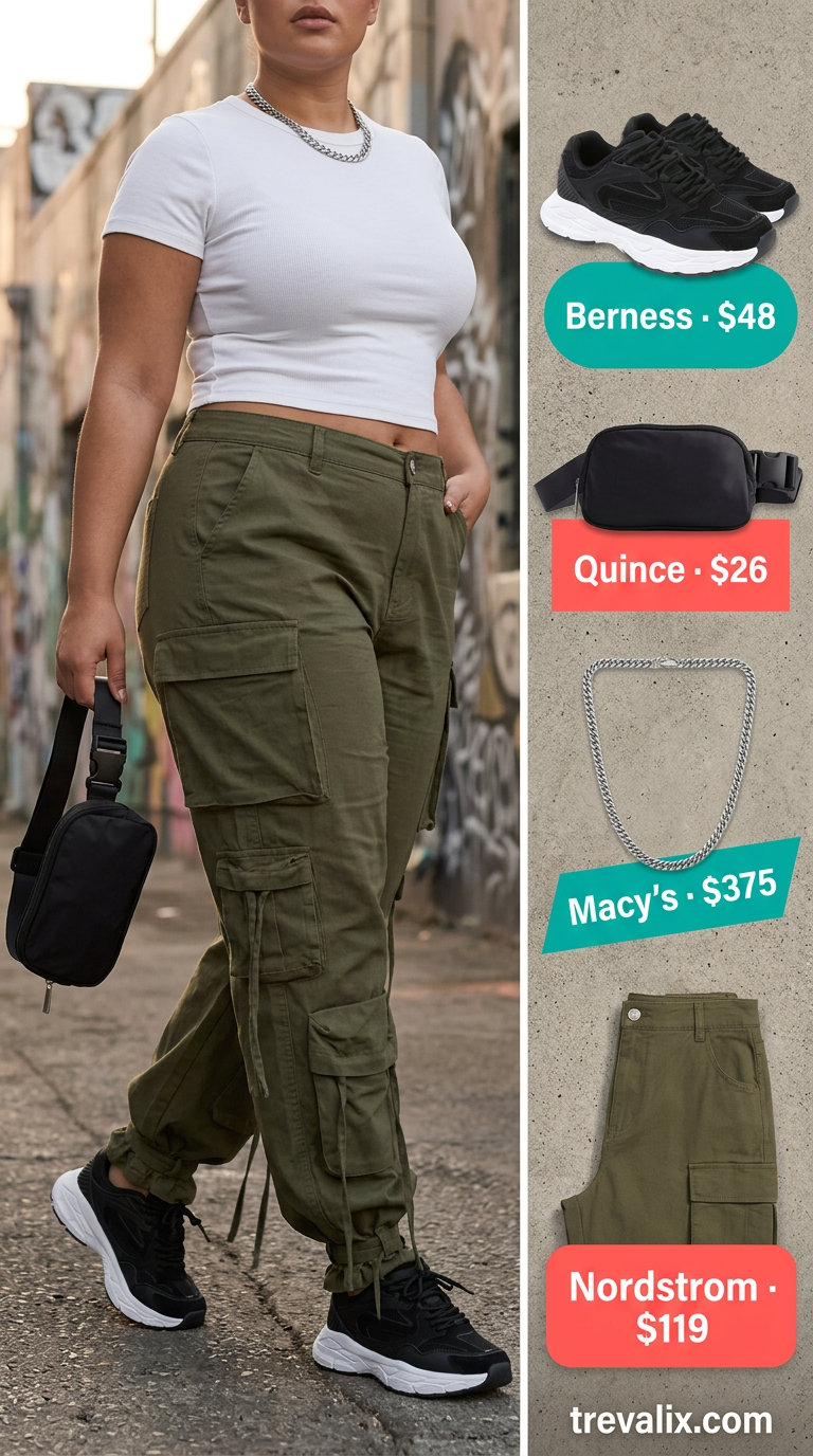 Bold curvy outfit summer for women 2026: Olive green cargo pants, white crop top, and sneakers for urban style.