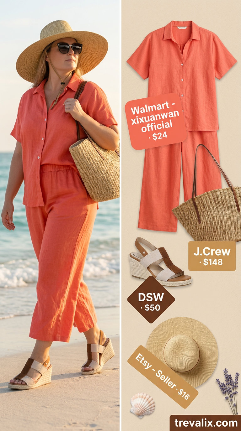 Bold curvy outfit summer for women 2026: Coral linen set with wide-leg pants and oversized shirt, perfect for vacation.