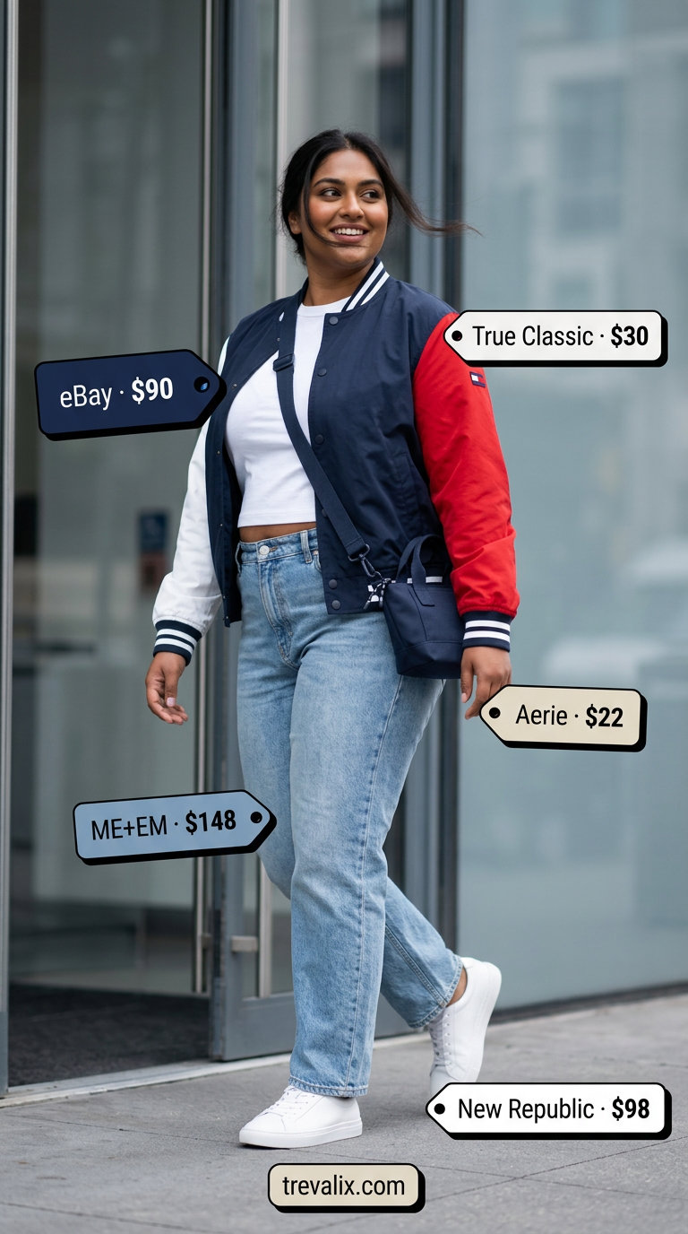 Bold curvy outfit summer for women 2026: Denim jacket, relaxed jeans, white tee, and colorblock bomber for a casual look.