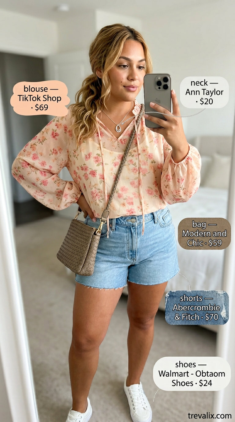 Bold curvy outfit summer for women 2026: Pink floral blouse, denim shorts, white sneakers for a casual day out.