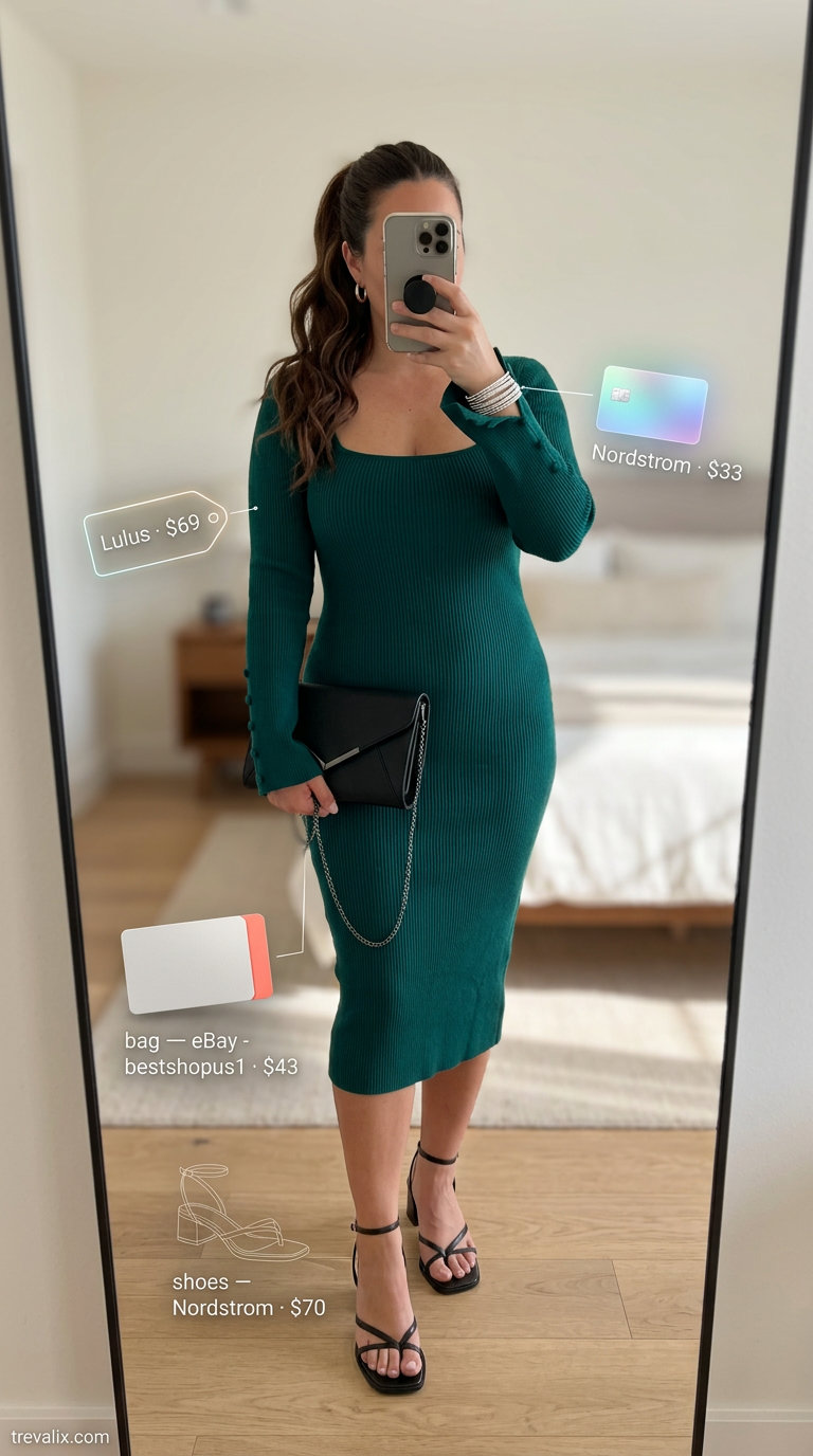 Bold curvy outfit summer for women 2026: Emerald green knit midi dress, black sandals, silver jewelry for a cocktail party.