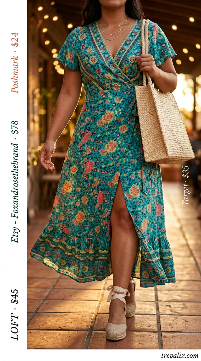 Bold curvy outfit summer for women 2026: Coral teal floral maxi dress, espadrilles, straw tote for vacation.