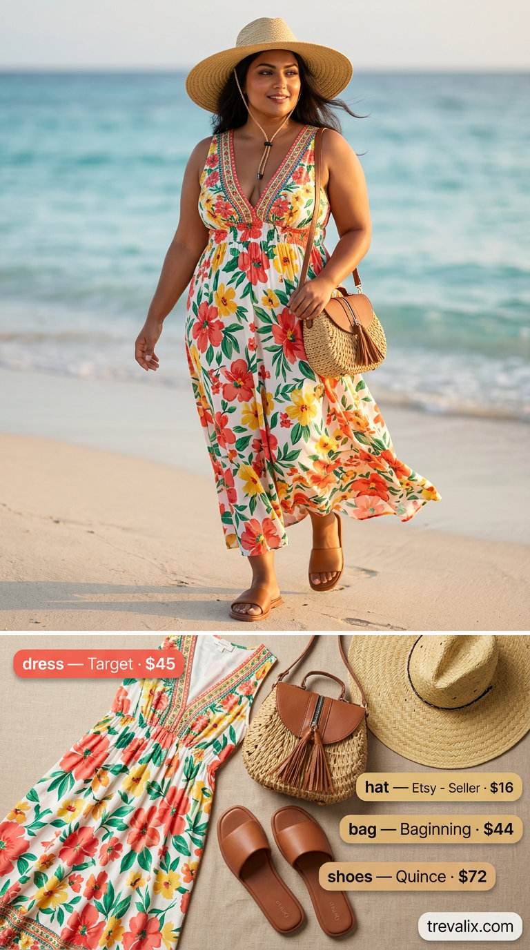 Bold curvy outfit summer for women 2026: Multicolor floral maxi dress, straw hat, tan sandals for a casual brunch.