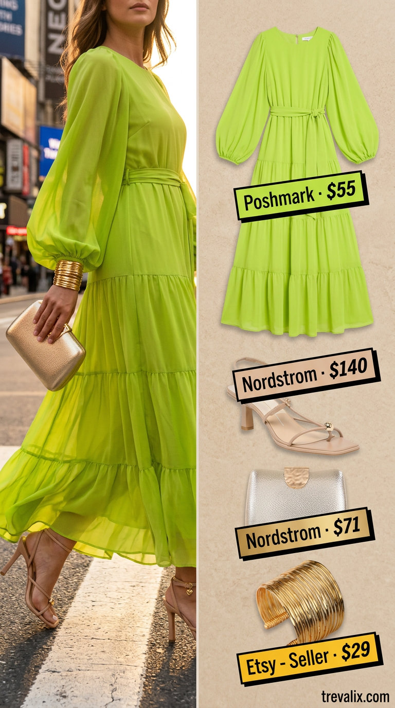 Bold curvy outfit summer for women 2026: Lime green maxi dress with gold accents, perfect for a summer evening out.