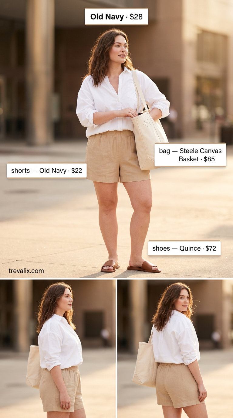 Bold curvy outfit summer for women 2026: Linen shorts, oversized shirt, leather slides for weekend casual.