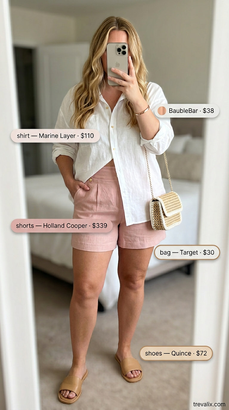 Bold curvy outfit summer for women 2026: Blush pink linen shorts and white oversized linen shirt for a chic day out.