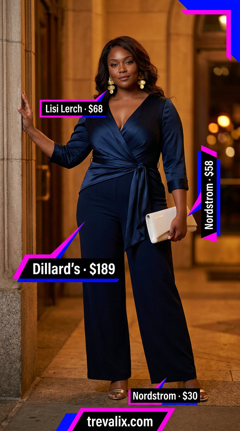 Bold curvy outfit summer for women 2026: Navy wide-leg jumpsuit with gold sandals and clutch for a summer wedding.