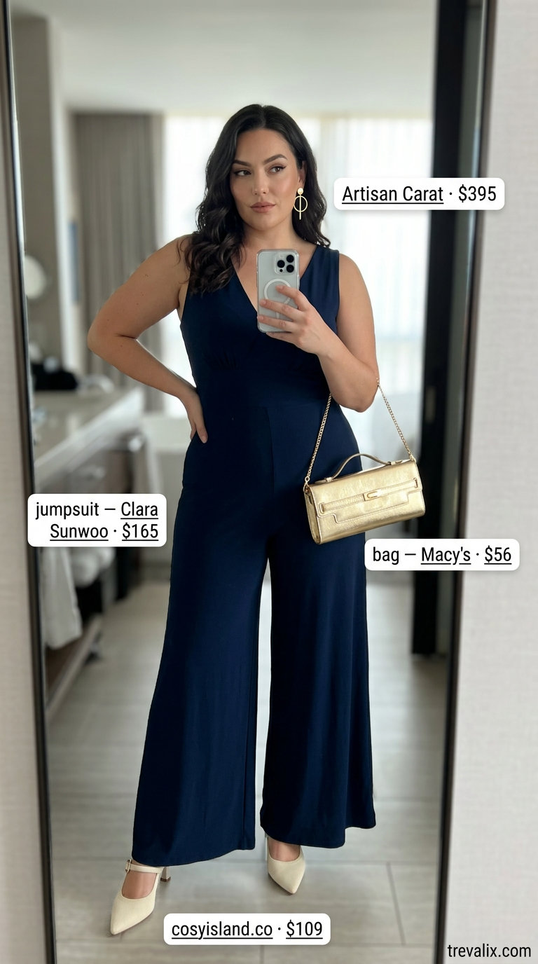 Bold curvy outfit summer for women 2026: Navy sleeveless jumpsuit with gold accessories and cream heels for a party.