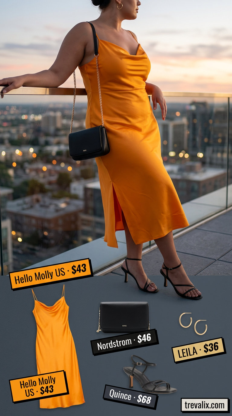Bold curvy outfit summer for women 2026: Marigold orange midi dress, black crossbody bag, and gold hoop earrings for a summer evening event.